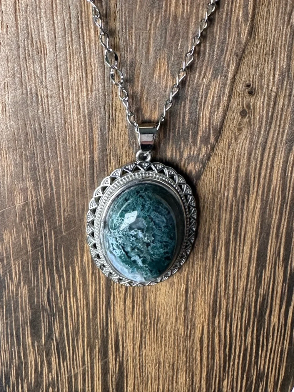Silver-Tone Green Stone Oval Pendant Necklace - Women Jewelry - Picture 10 of 15